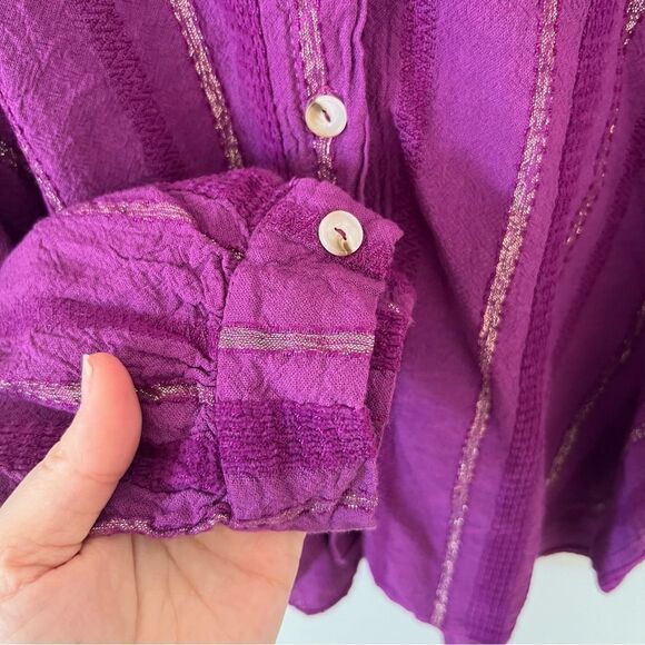 Made in Italy Vibrant Purple Textured Sparkly Peasant Boho Button Down Blouse - Picture 7 of 7